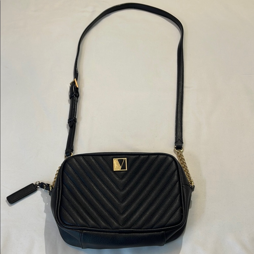 VICTORIA’S SECRET Black Leather Like Quilted Crossbody Bag.